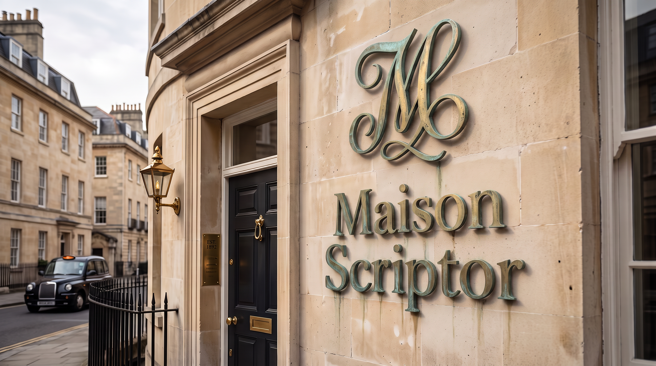 Maison Scriptor building facade with brass sign